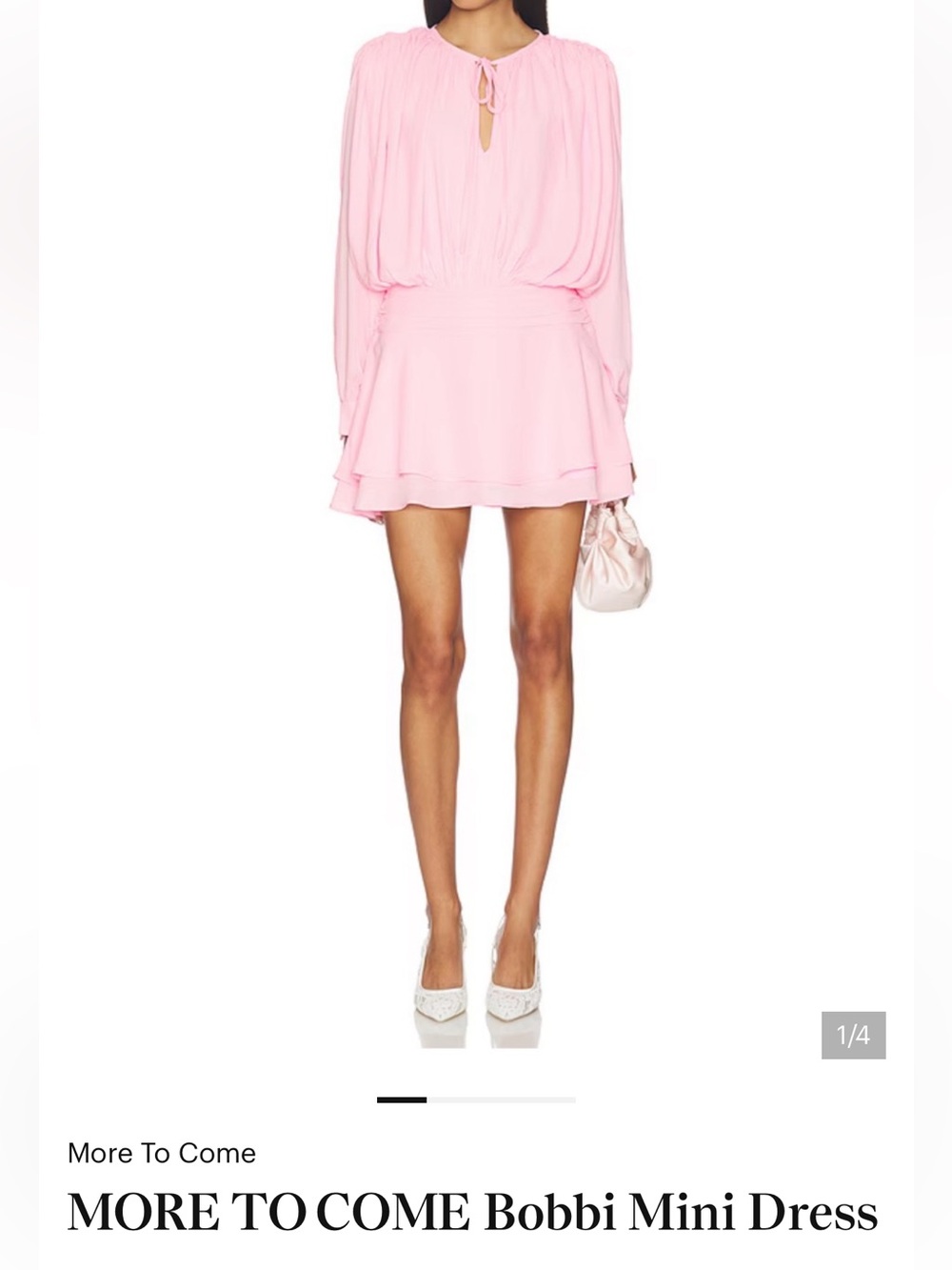 Soft Pink Long-Sleeve Mini Dress with Tie Neck